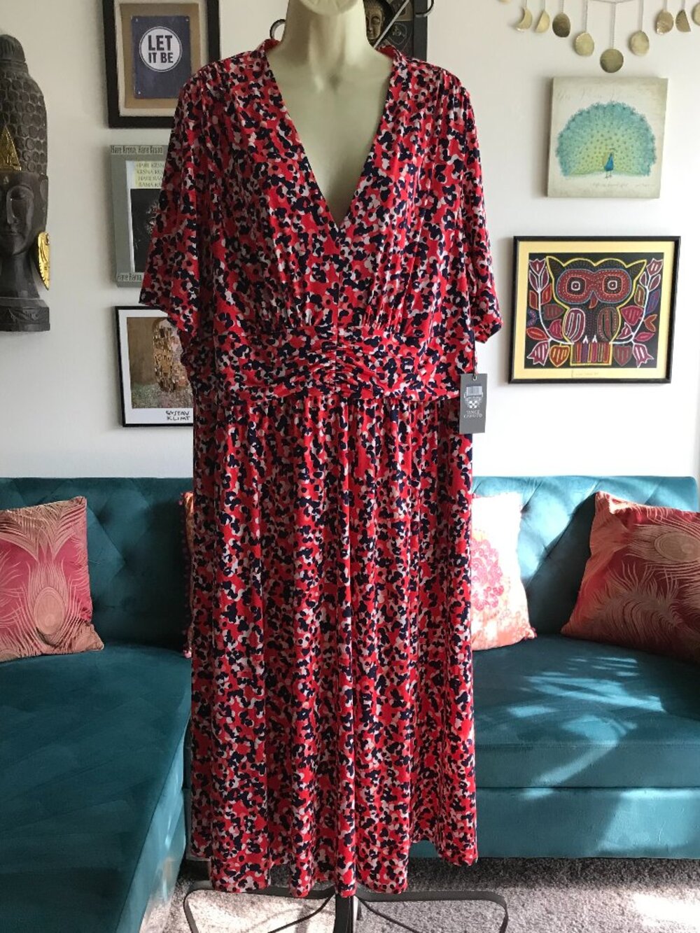 VINCE CAMUTO size 18W Red Blue & Pink Mosaic Print Stretch Swingy Midi Dress NWT